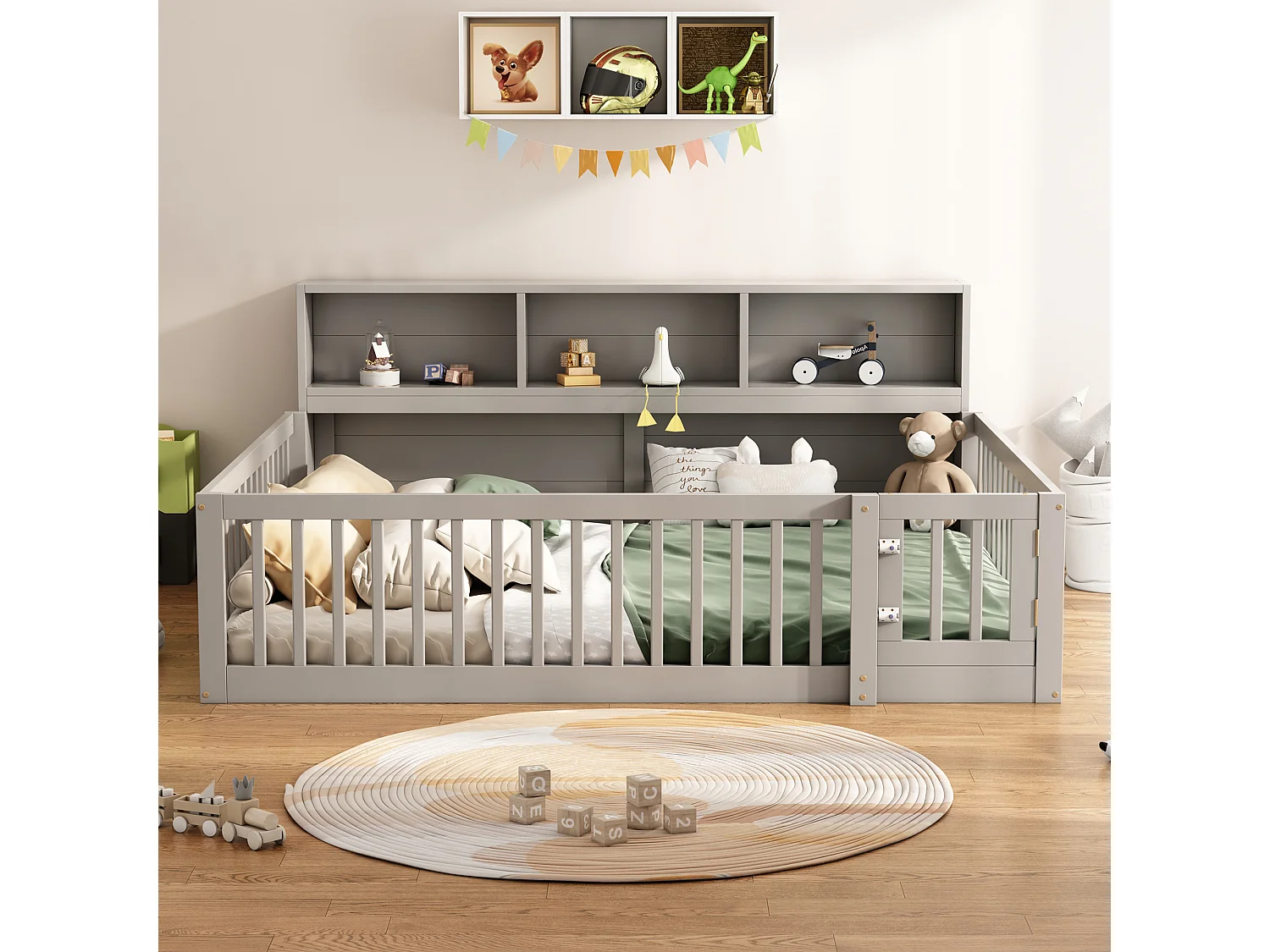 Sofá-cama infantil 140x200 cm madeira com arrumação e guarda-corpo cinzento