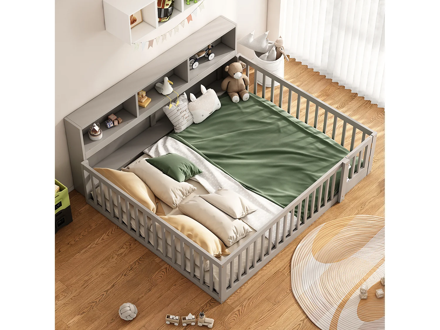 Sofá-cama infantil 140x200 cm madeira com arrumação e guarda-corpo cinzento