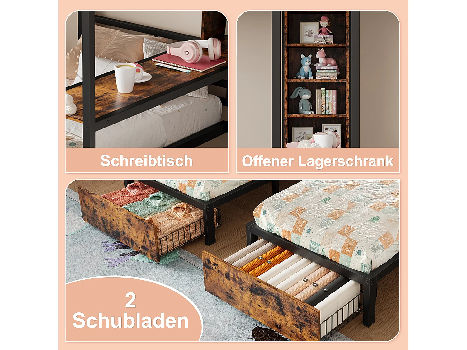 Lit superposé triple 140x200 + 90x200 metallo con rangements tiroirs étagères noir