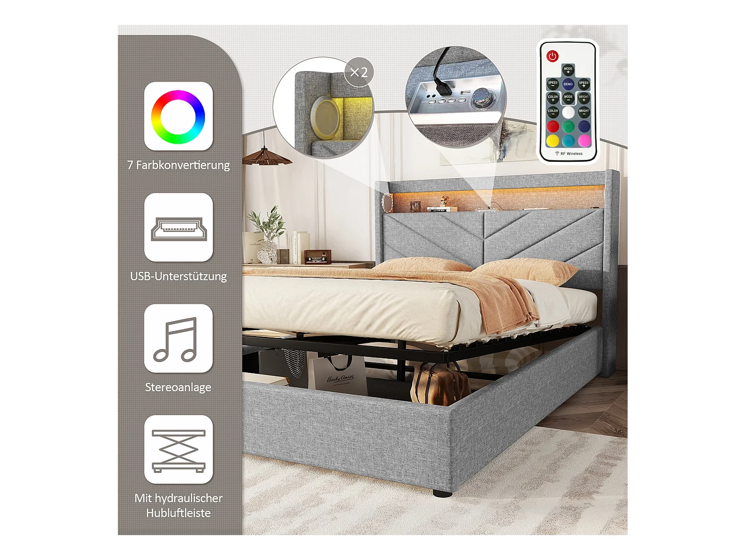 Scrivania illuminata 140x190 cm in lino grigio con LED, stereo, USB e illuminazione idraulica