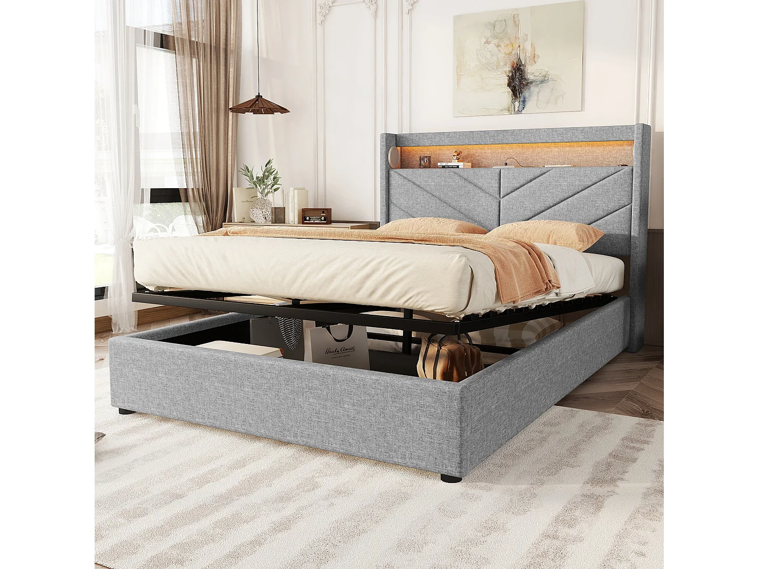 Lit coffre 140x190 cm en lin gris avec LED, stéréo, USB et rangement hydraulique