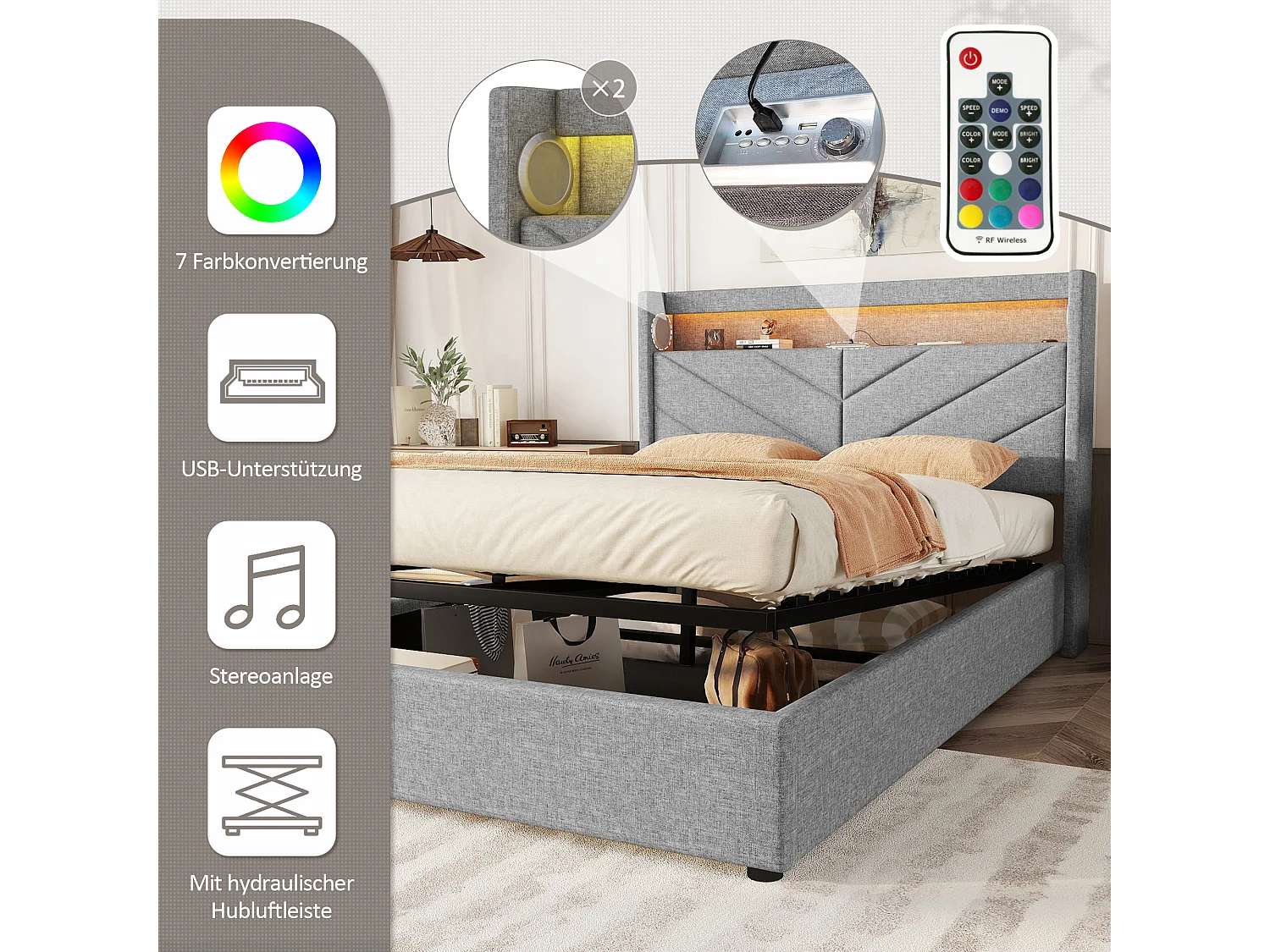 Lit coffre 140x190 cm en lin gris avec LED, stéréo, USB et rangement hydraulique