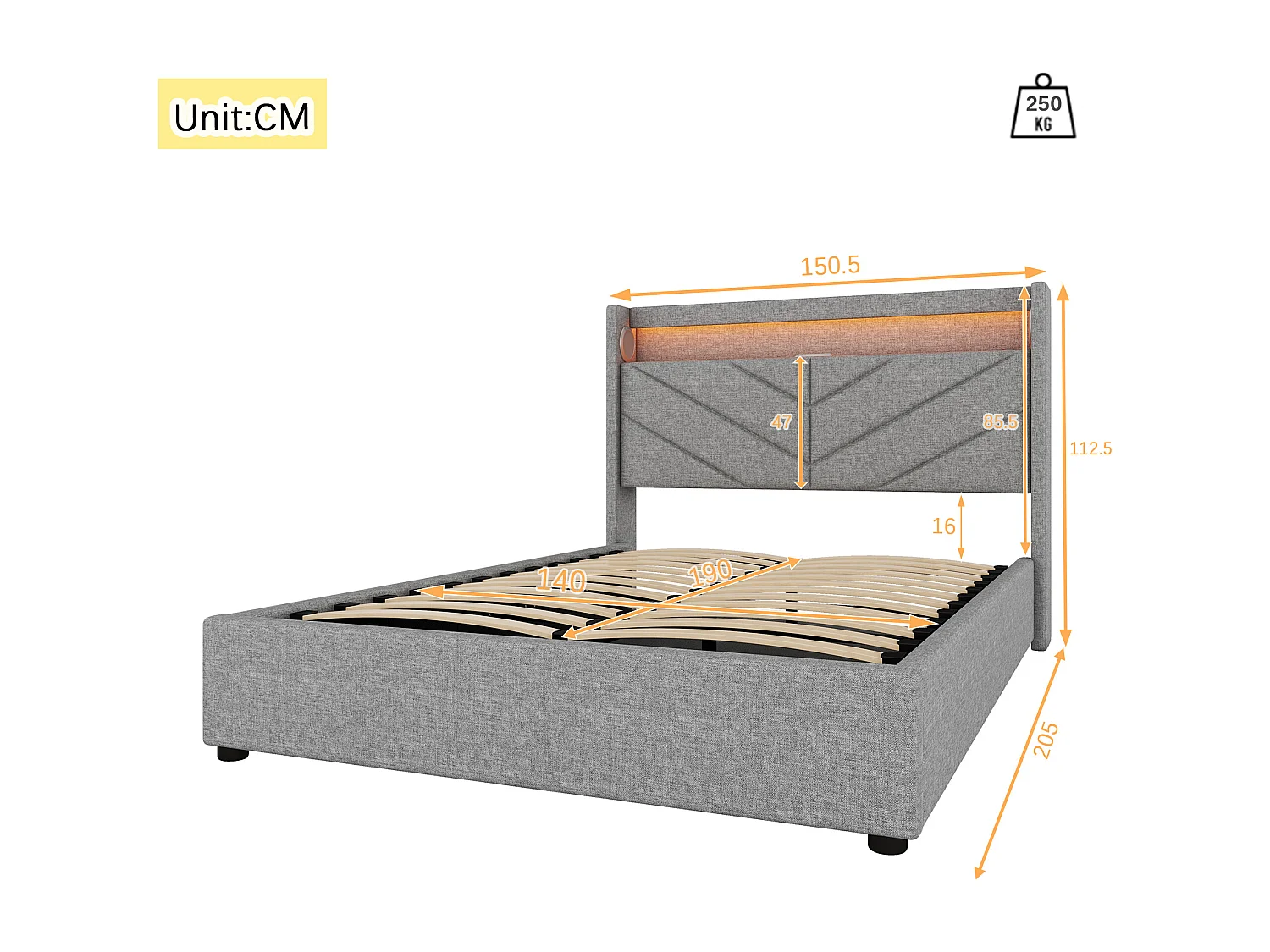 Lit coffre 140x190 cm en lin gris avec LED, stéréo, USB et rangement hydraulique