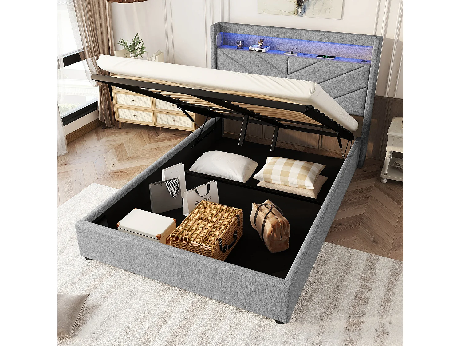Lit coffre 140x190 cm en lin gris avec LED, stéréo, USB et rangement hydraulique