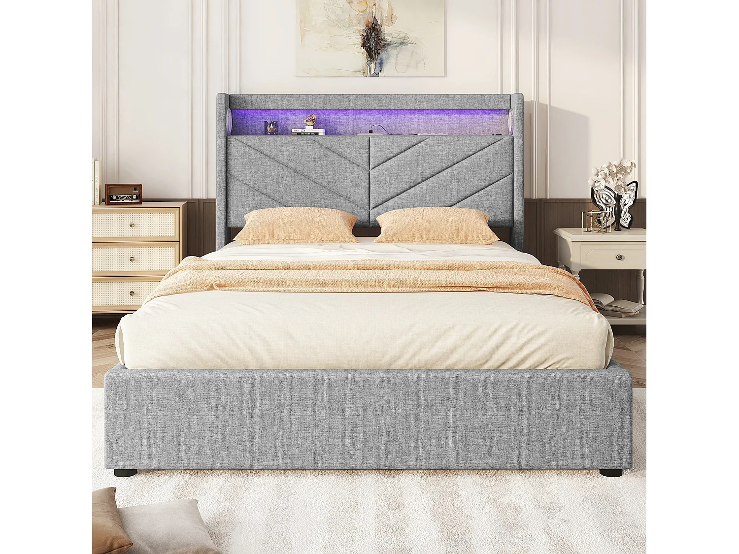 Lit coffre 140x190 cm en lin gris avec LED, stéréo, USB et rangement hydraulique