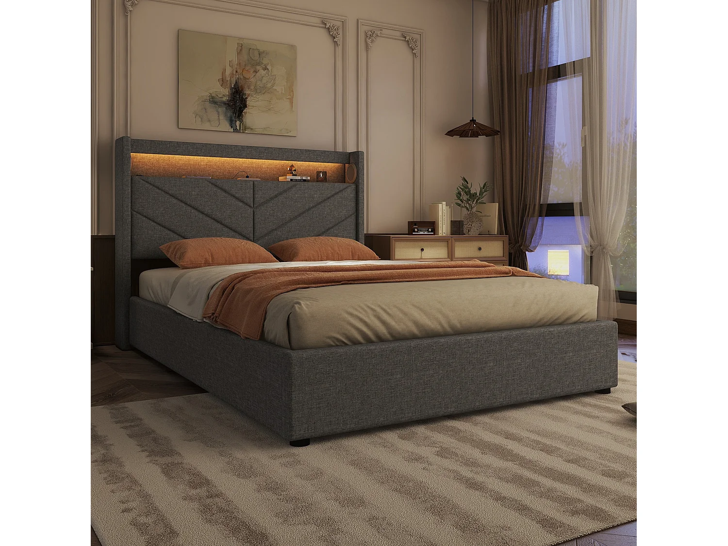 Lit coffre 140x190 cm en lin gris avec LED, stéréo, USB et rangement hydraulique