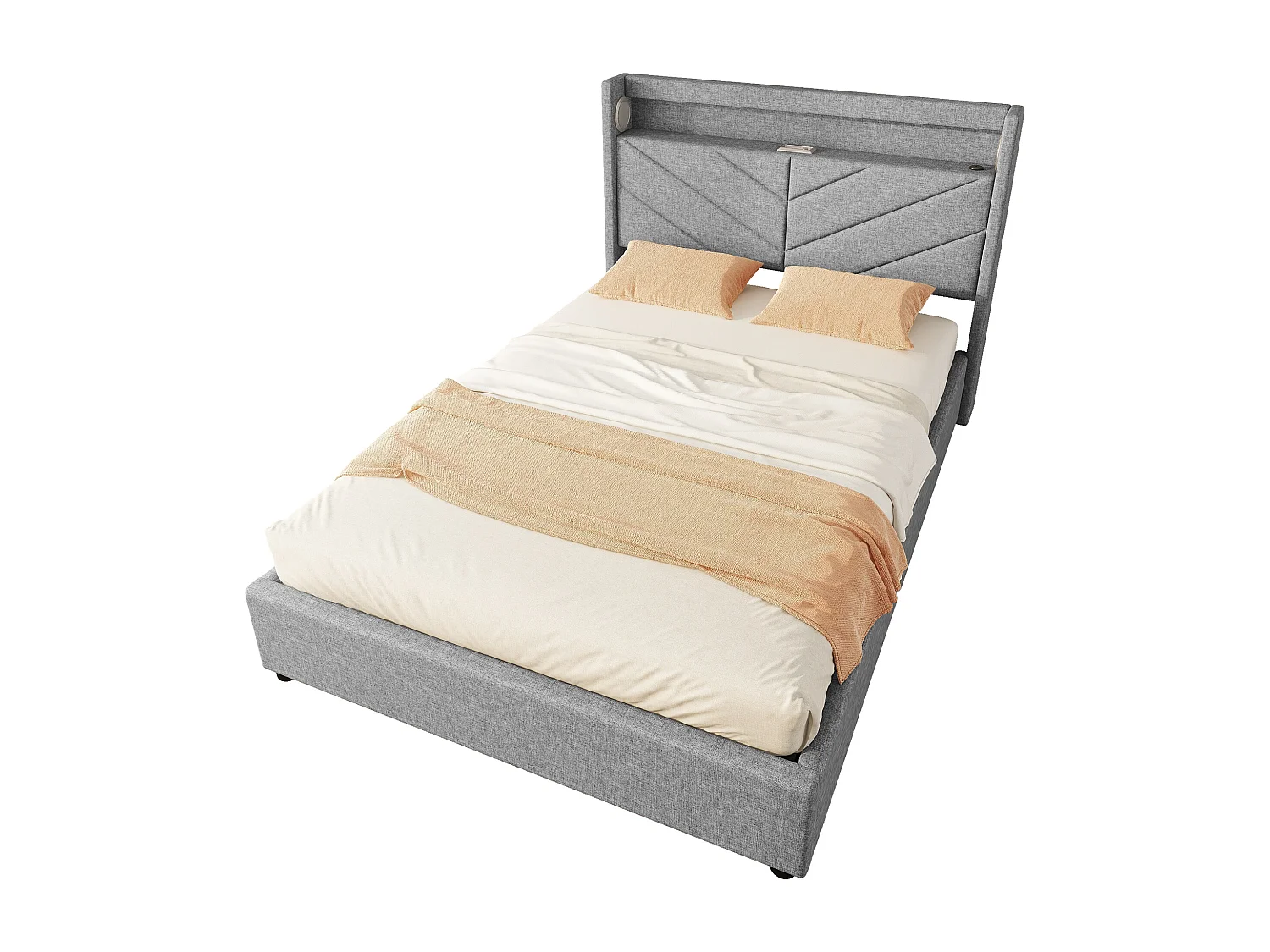Lit coffre 140x190 cm en lin gris avec LED, stéréo, USB et rangement hydraulique