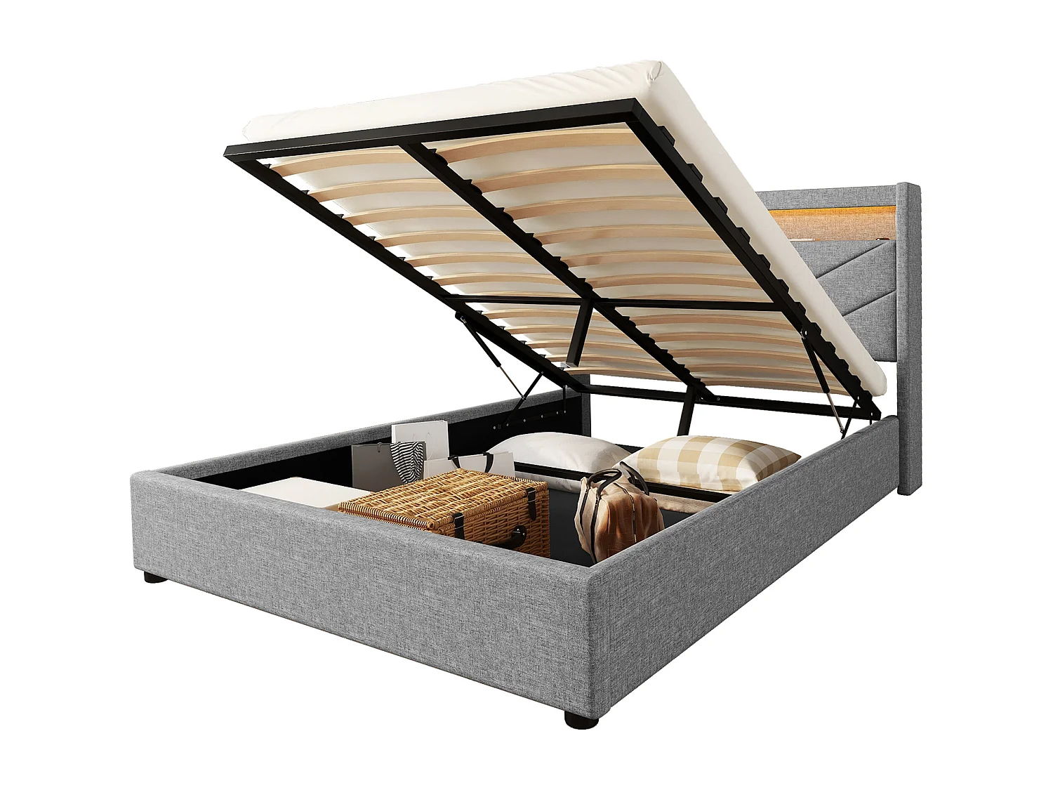 Lit coffre 140x190 cm en lin gris avec LED, stéréo, USB et rangement hydraulique