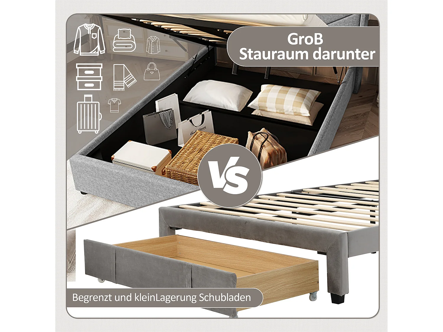 Lit coffre 140x190 cm en lin gris avec LED, stéréo, USB et rangement hydraulique