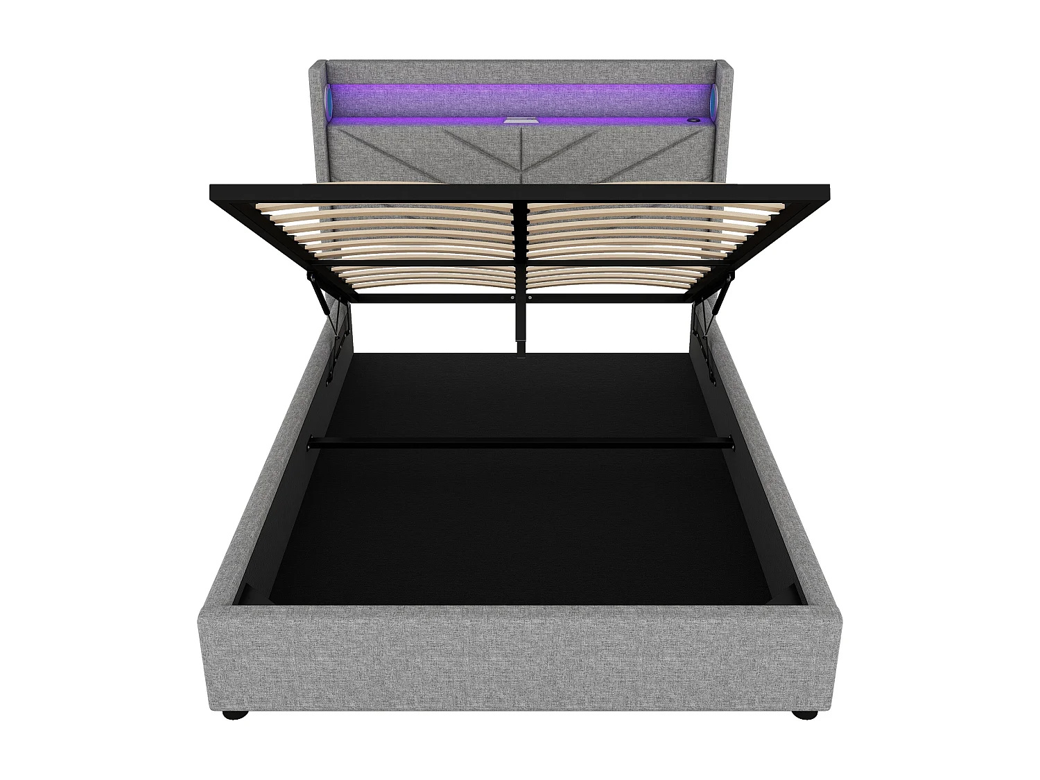 Lit coffre 140x190 cm en lin gris avec LED, stéréo, USB et rangement hydraulique