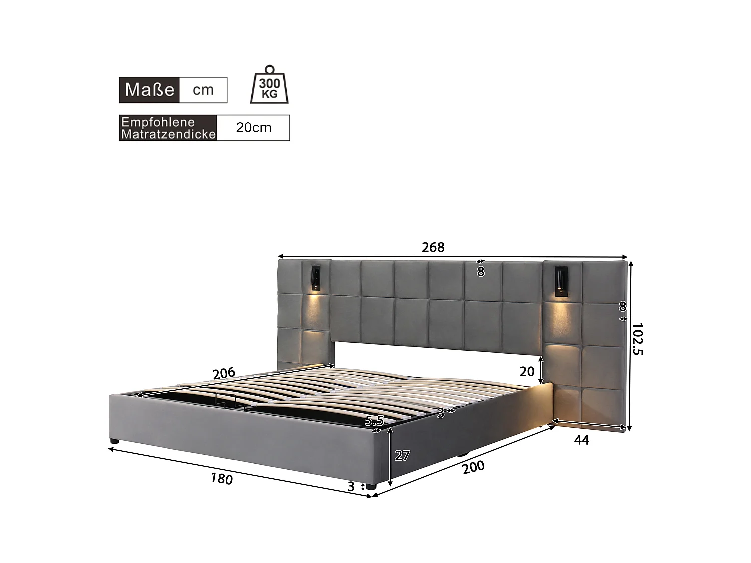 Caffetteria illuminata 180x200 cm in velluto grigio con tête de lit large USB lampe rangement hydraulique