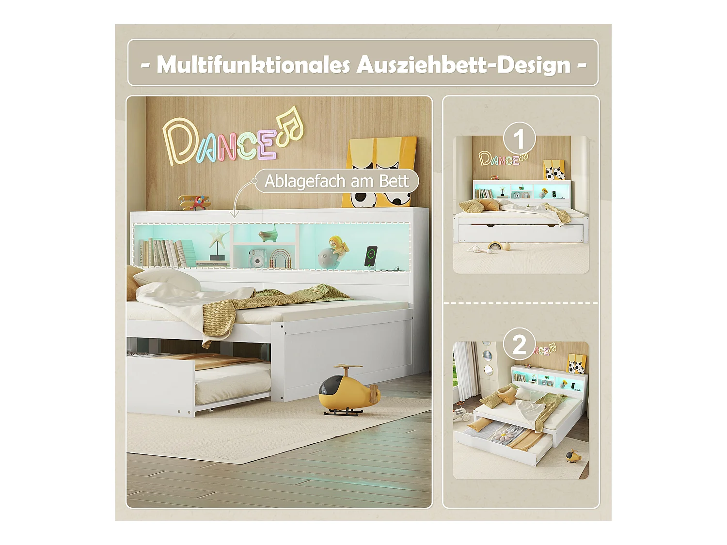 Sofá cama 140x200cm en MDF y tablero de partículas con LED, cajón, cama nido, USB y enchufe, blanco