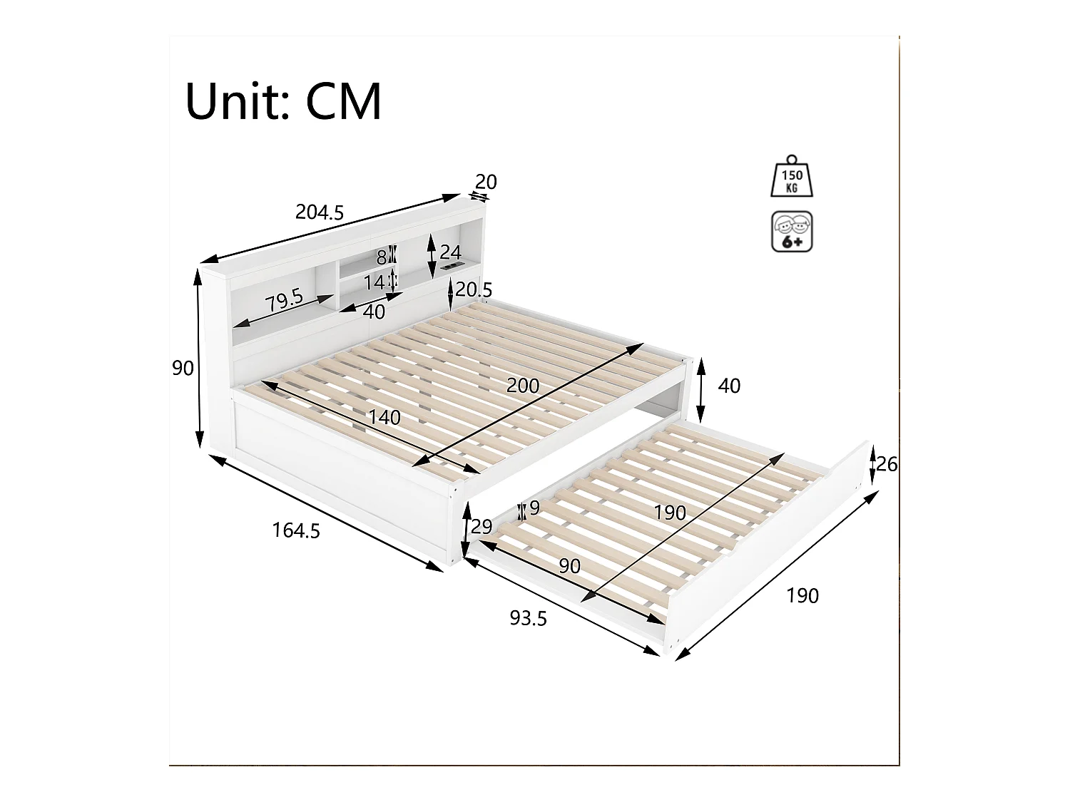 Sofá cama 140x200cm en MDF y tablero de partículas con LED, cajón, cama nido, USB y enchufe, blanco