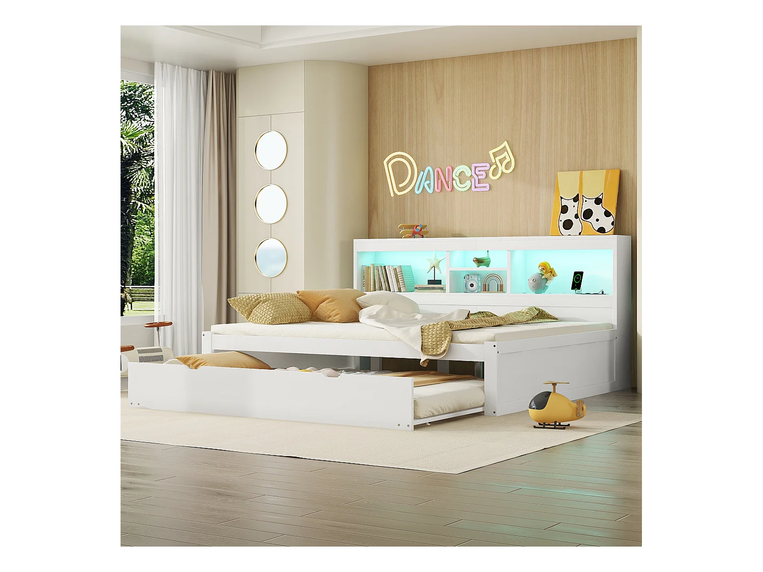 Sofá cama 140x200cm en MDF y tablero de partículas con LED, cajón, cama nido, USB y enchufe, blanco