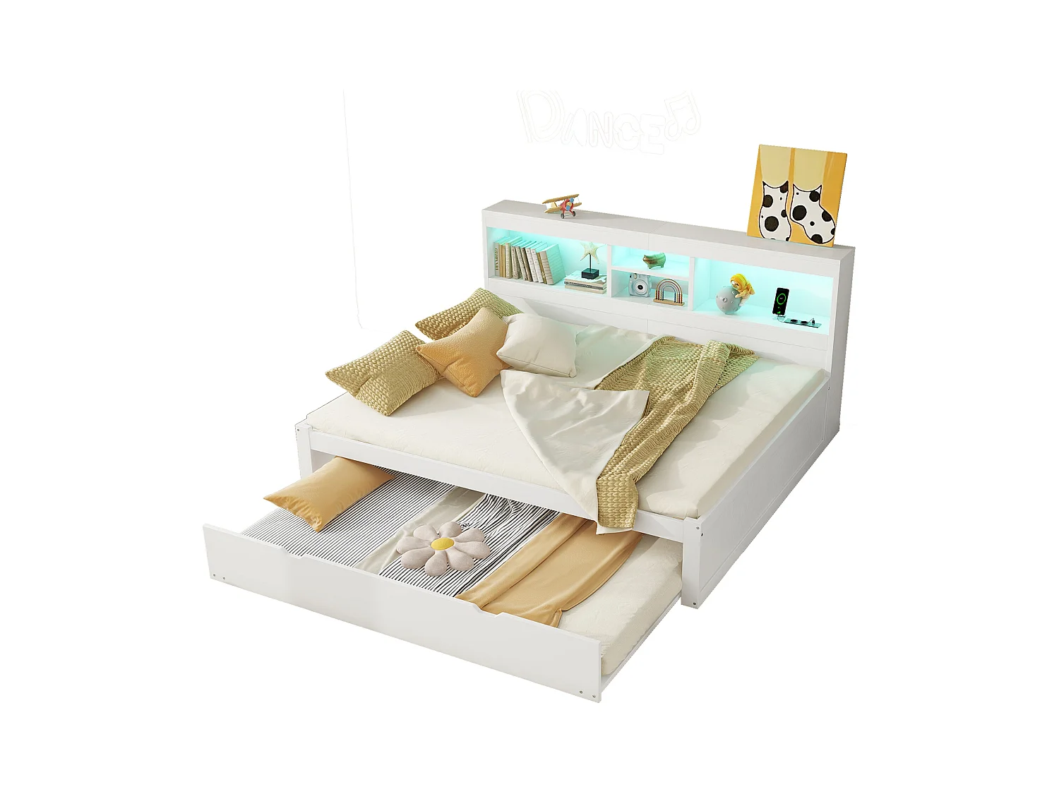 Sofá cama 140x200cm en MDF y tablero de partículas con LED, cajón, cama nido, USB y enchufe, blanco