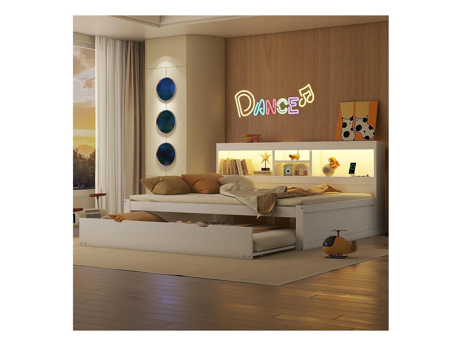 Sofá cama 140x200cm en MDF y tablero de partículas con LED, cajón, cama nido, USB y enchufe, blanco