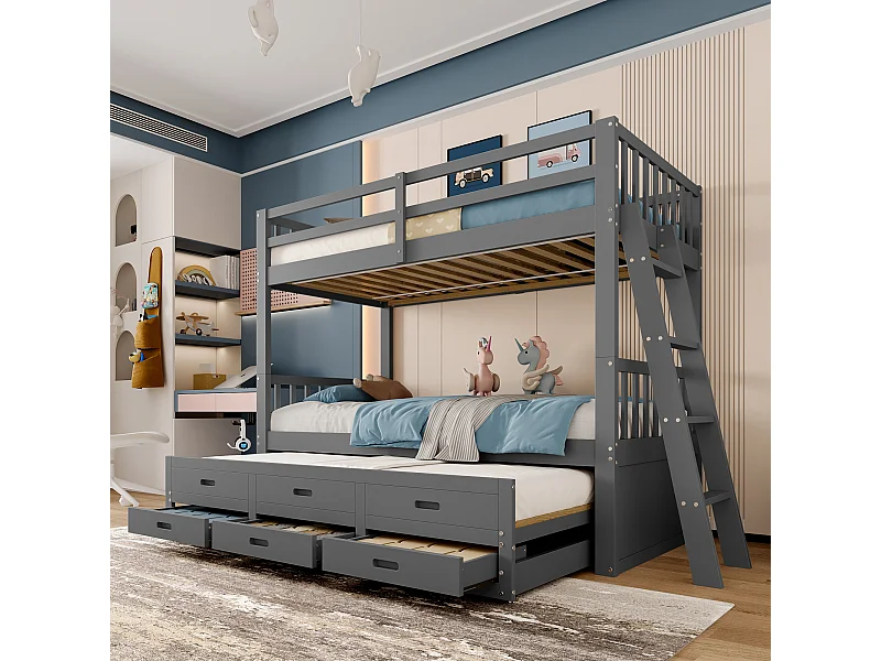 Litera infantil 90x200 madera MDF con cajones y cama nido gris