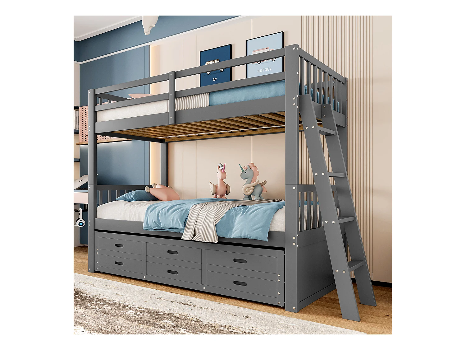 Lit superposé enfant 90x200 bois MDF avec tiroirs et lit gigogne gris