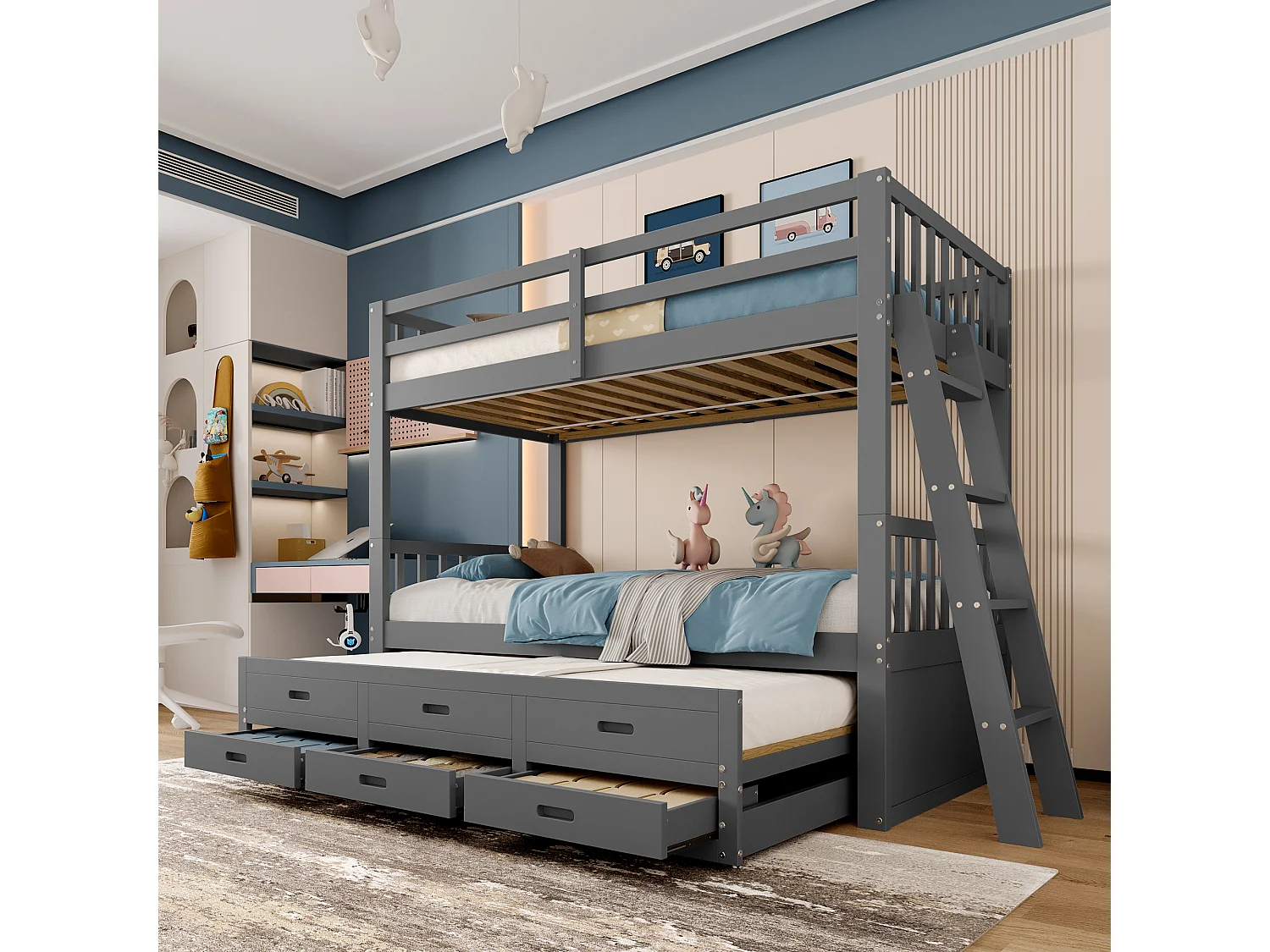 Beliche infantil 90x200 madeira MDF com gavetas e cama de rodízio cinza