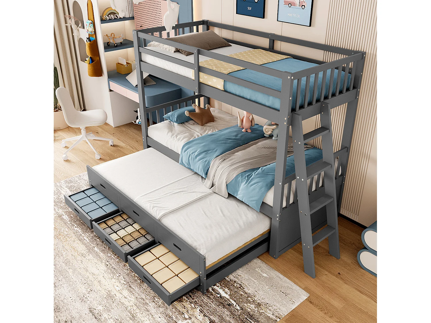 Beliche infantil 90x200 madeira MDF com gavetas e cama de rodízio cinza