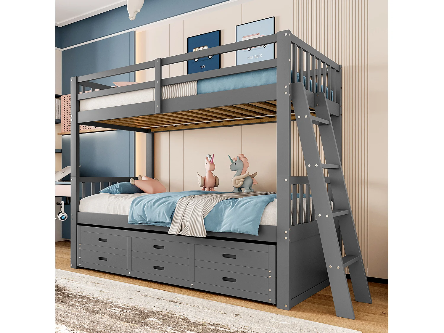 Beliche infantil 90x200 madeira MDF com gavetas e cama de rodízio cinza