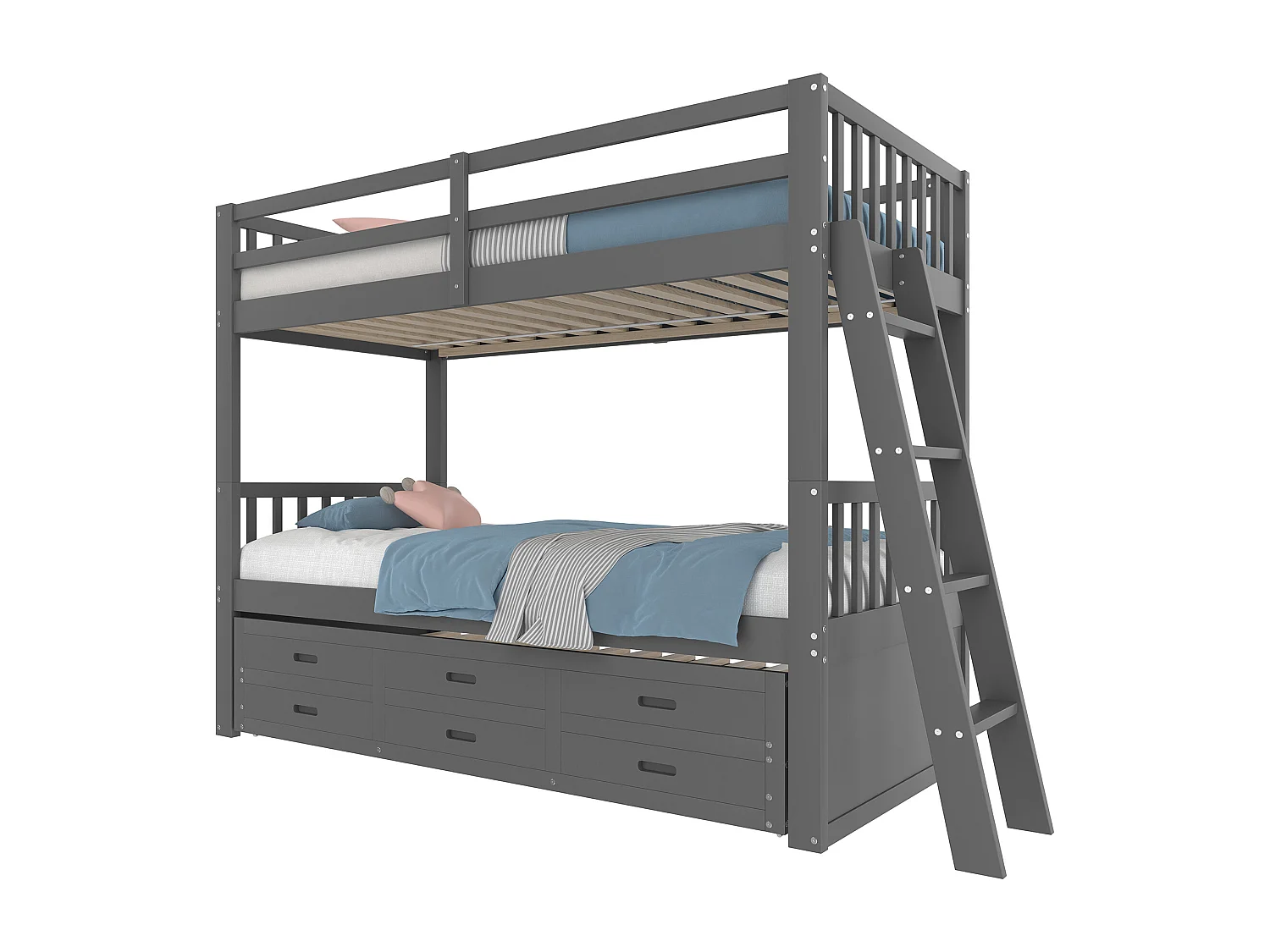 Beliche infantil 90x200 madeira MDF com gavetas e cama de rodízio cinza