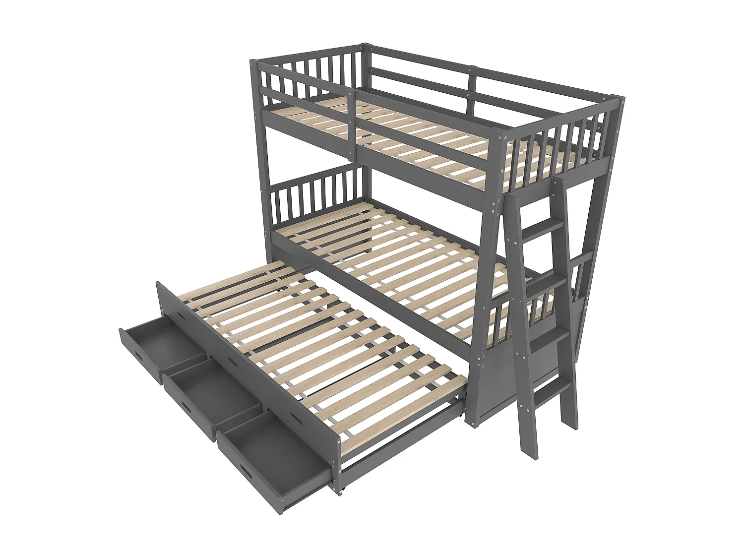 Beliche infantil 90x200 madeira MDF com gavetas e cama de rodízio cinza