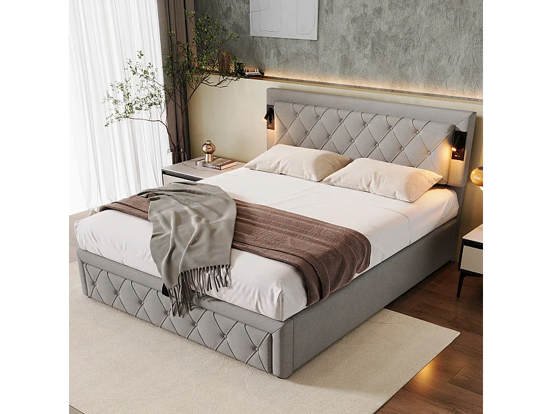 Cama de casal com arrumação 160x200 tecido cinza com arrumação hidráulica USB LED e cabeceira estofada