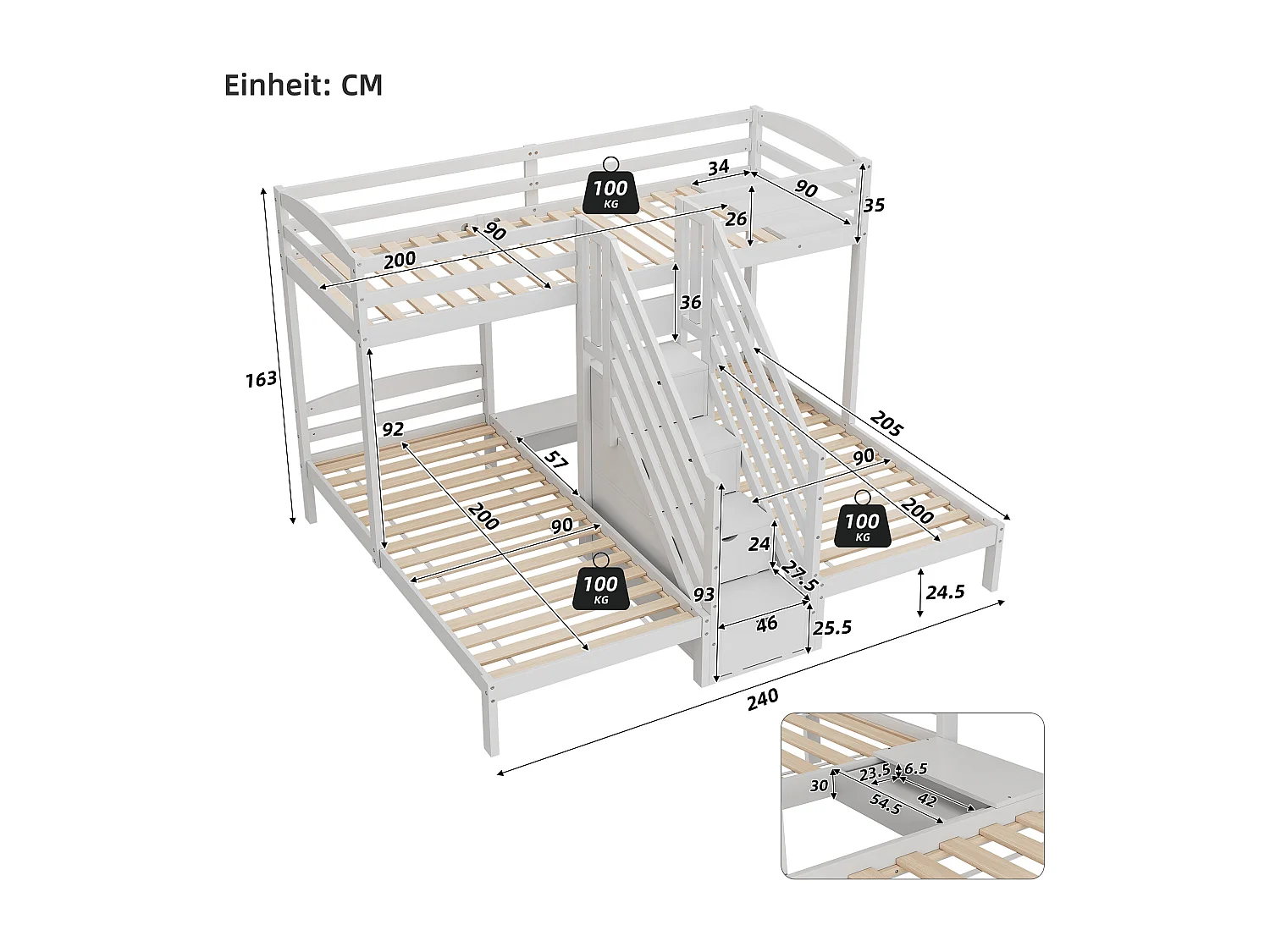 Litera triple 90x200 en madera de pino con escalera de almacenaje Geländer blanco
