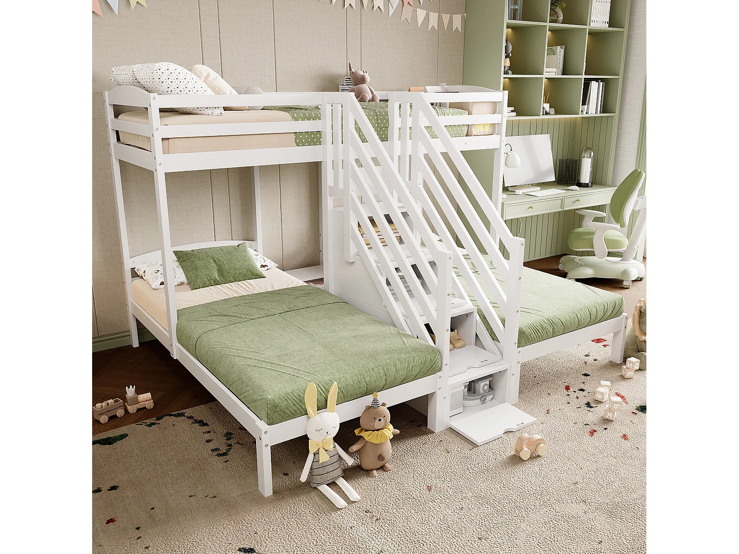 Litera triple 90x200 en madera de pino con escalera de almacenaje Geländer blanco