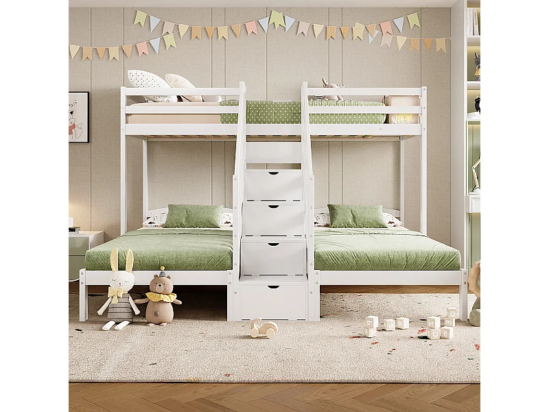 Litera triple 90x200 en madera de pino con escalera de almacenaje Geländer blanco