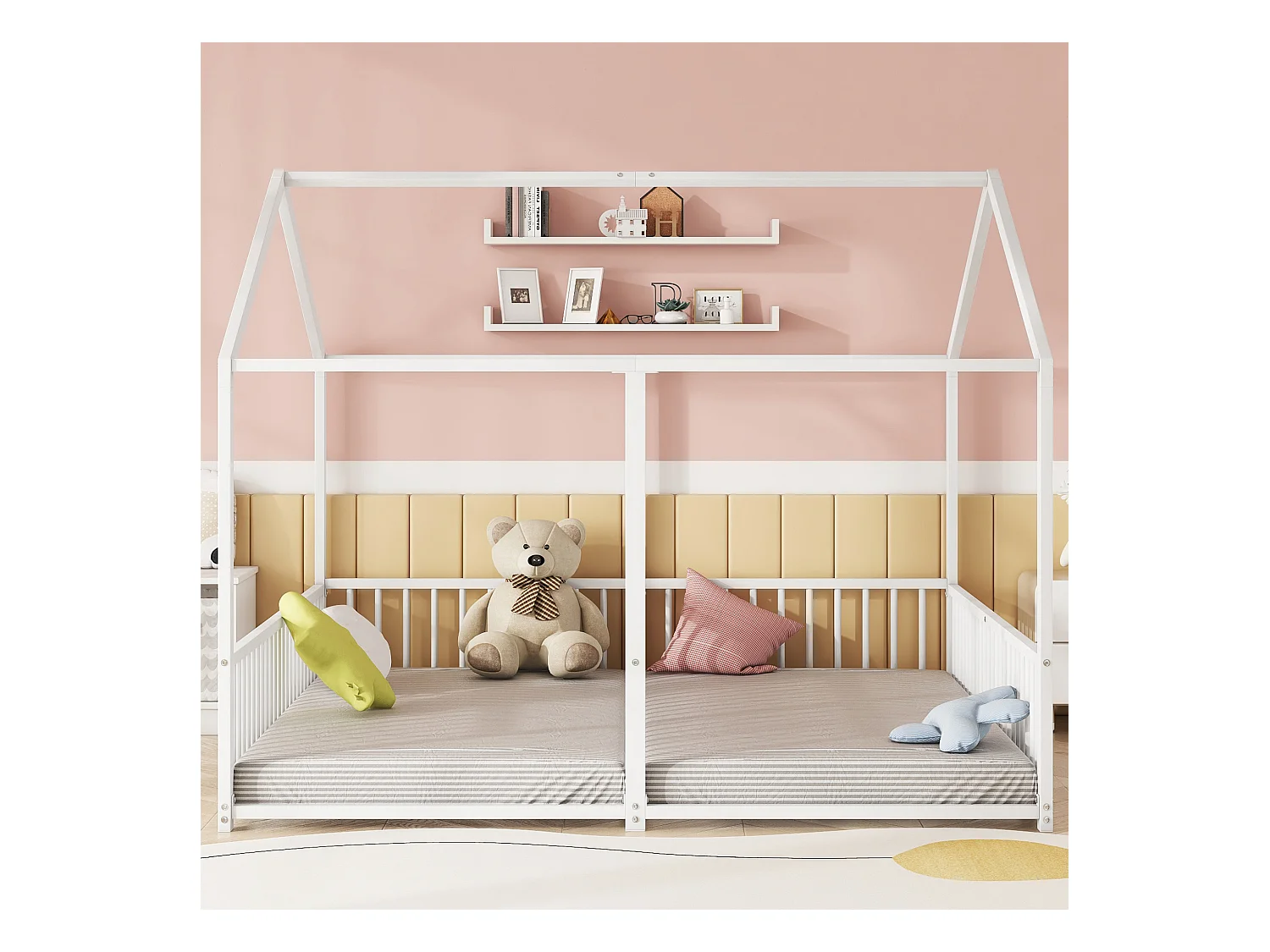 Lit superposé 90x200 cm metallo con forme maison, garde-corps et échelle blanc