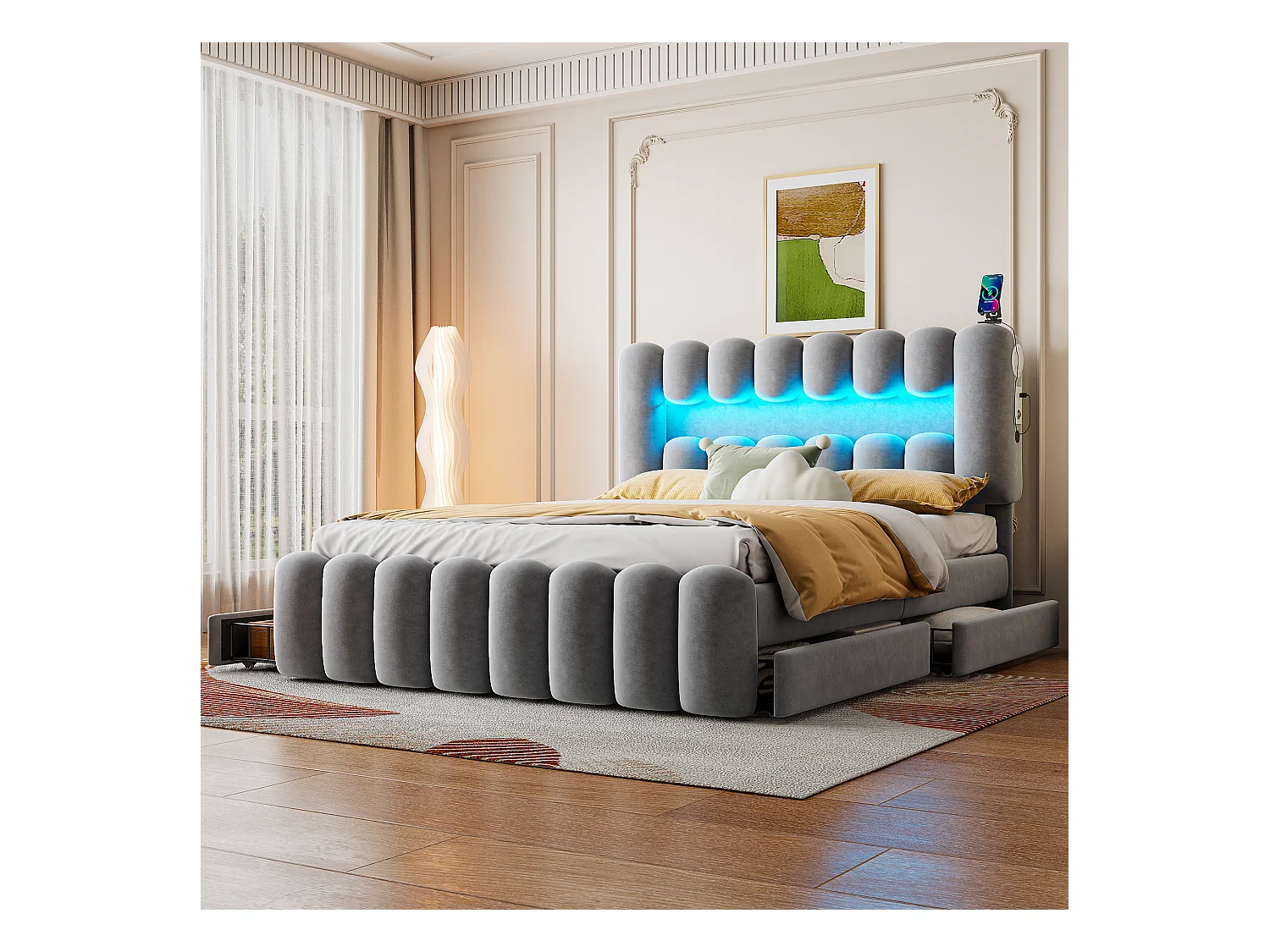 Cama con canapé de terciopelo gris de 160x200 cm con LED, USB, equipo de música y 4 cajones de almacenaje