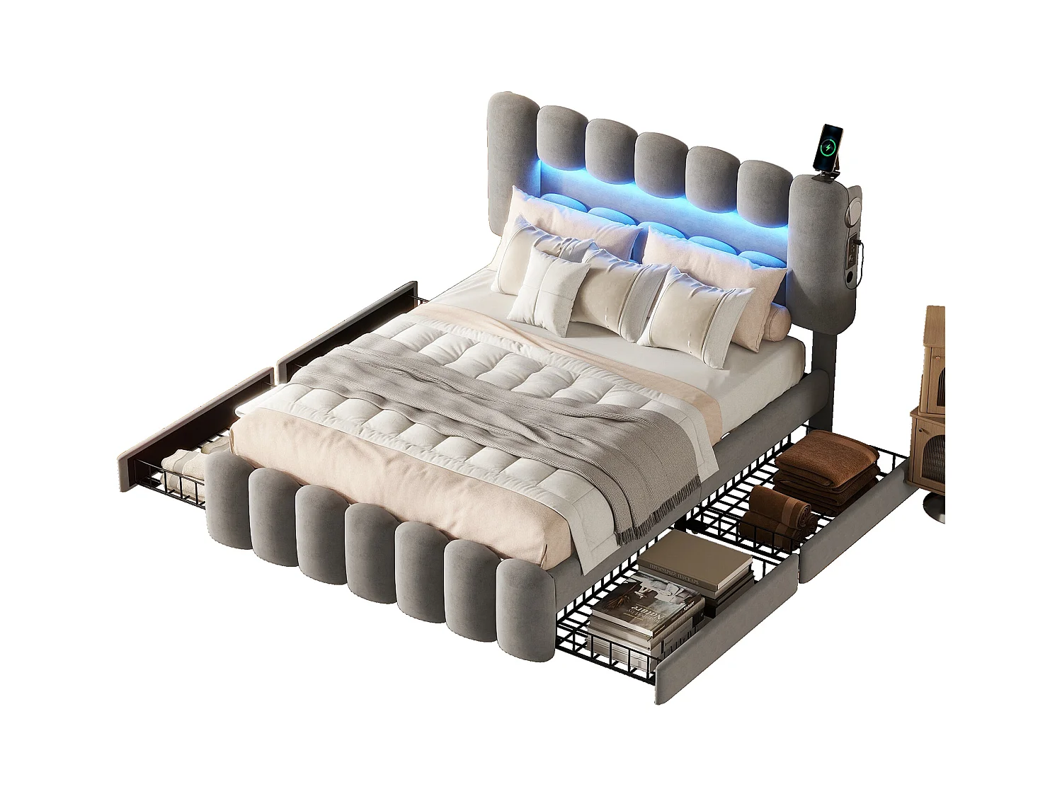 Cama con canapé de terciopelo gris de 160x200 cm con LED, USB, equipo de música y 4 cajones de almacenaje