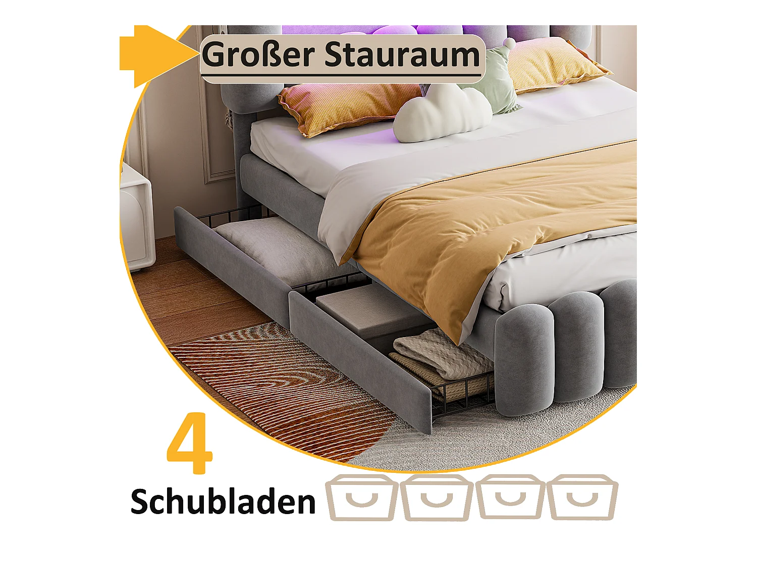 Cama con canapé de terciopelo gris de 160x200 cm con LED, USB, equipo de música y 4 cajones de almacenaje