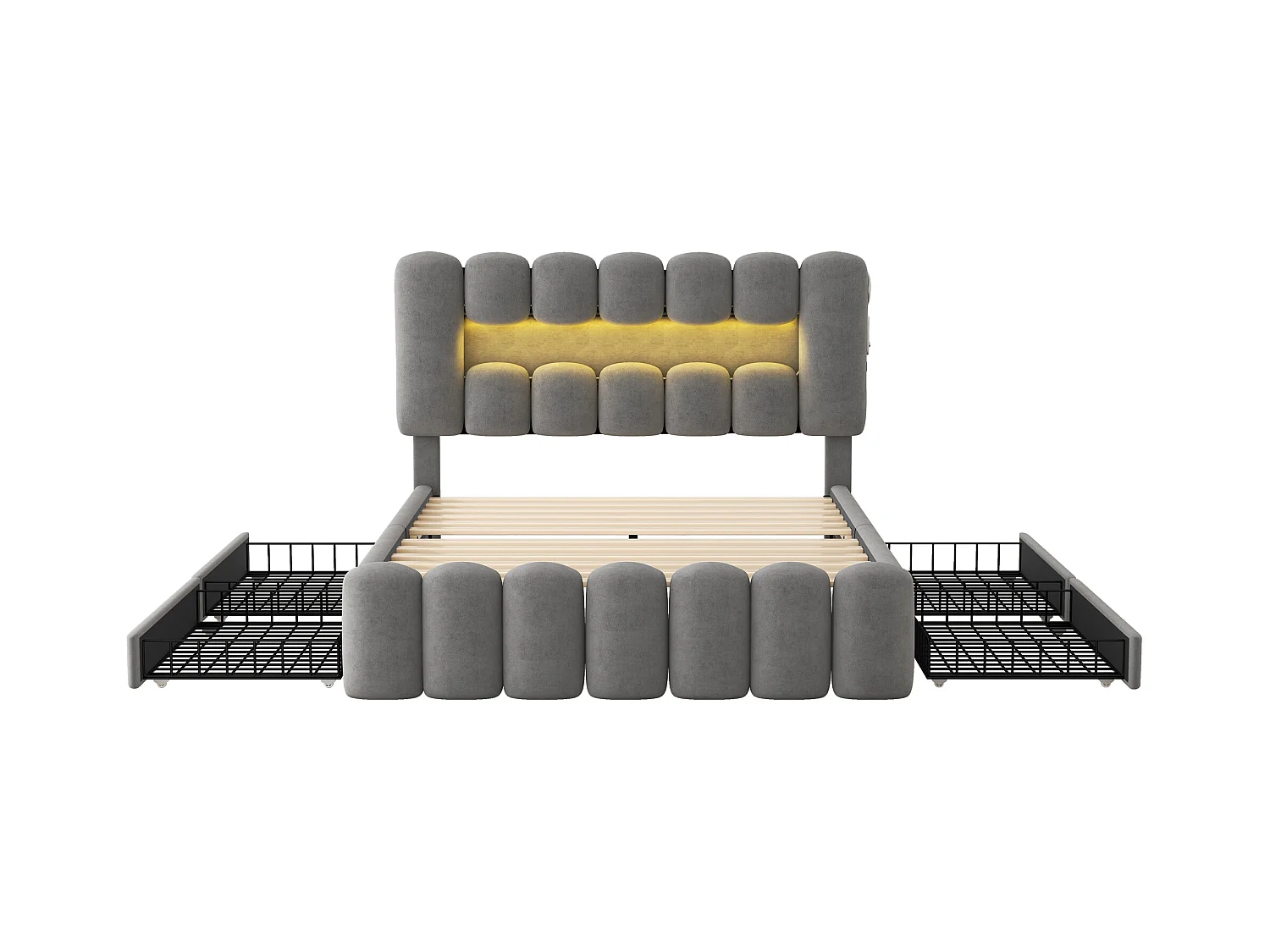 Cama con canapé de terciopelo gris de 160x200 cm con LED, USB, equipo de música y 4 cajones de almacenaje