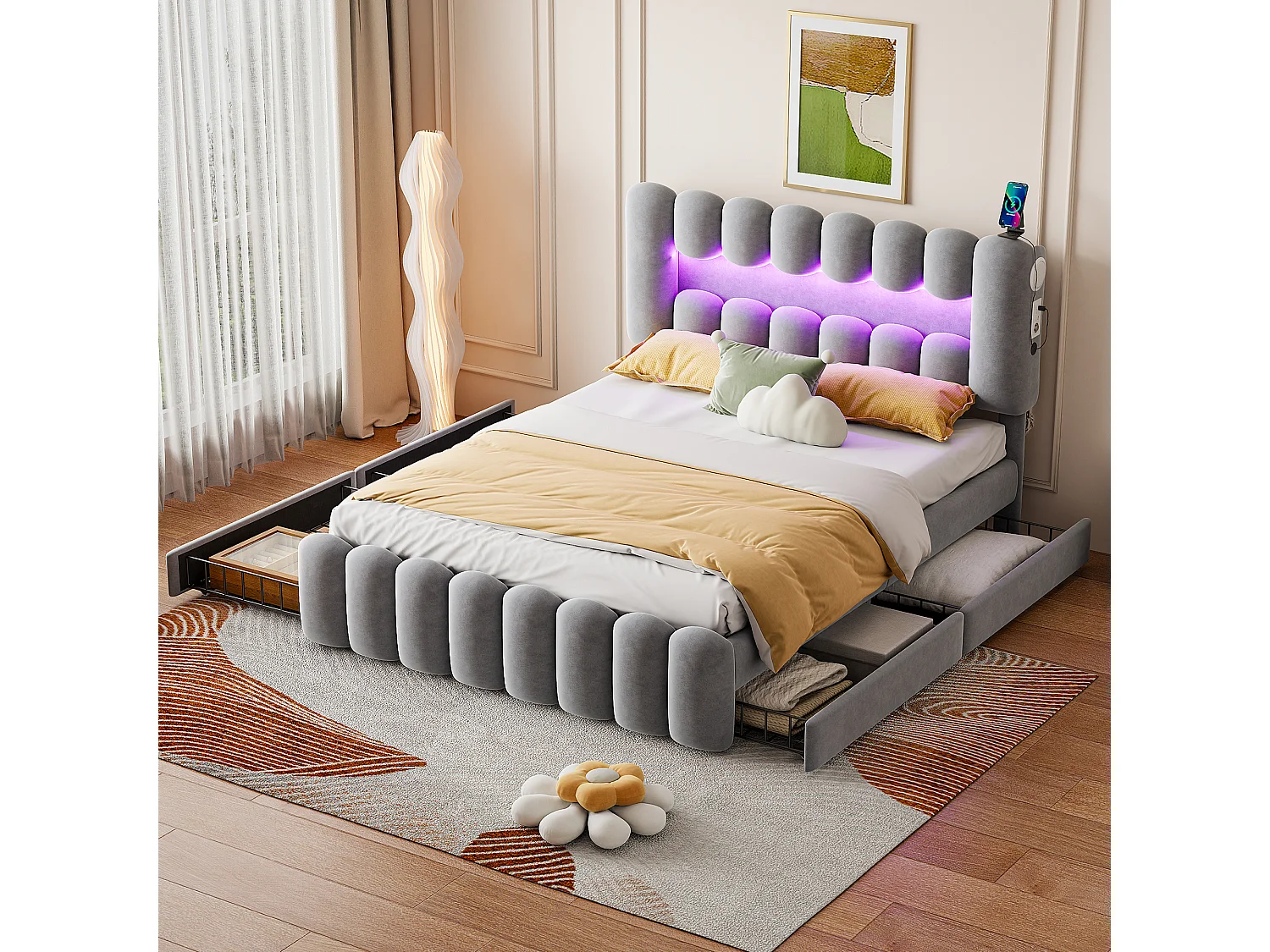 Lit coffre 160x200 cm en velours gris avec LED, USB, stéréo et 4 tiroirs de rangement