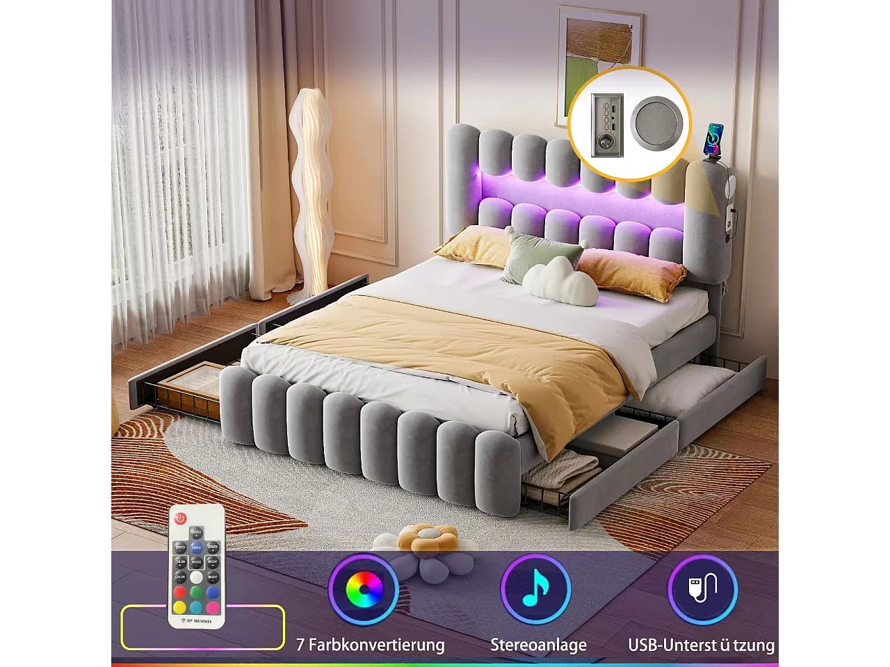 Lit coffre 160x200 cm en velours gris avec LED, USB, stéréo et 4 tiroirs de rangement