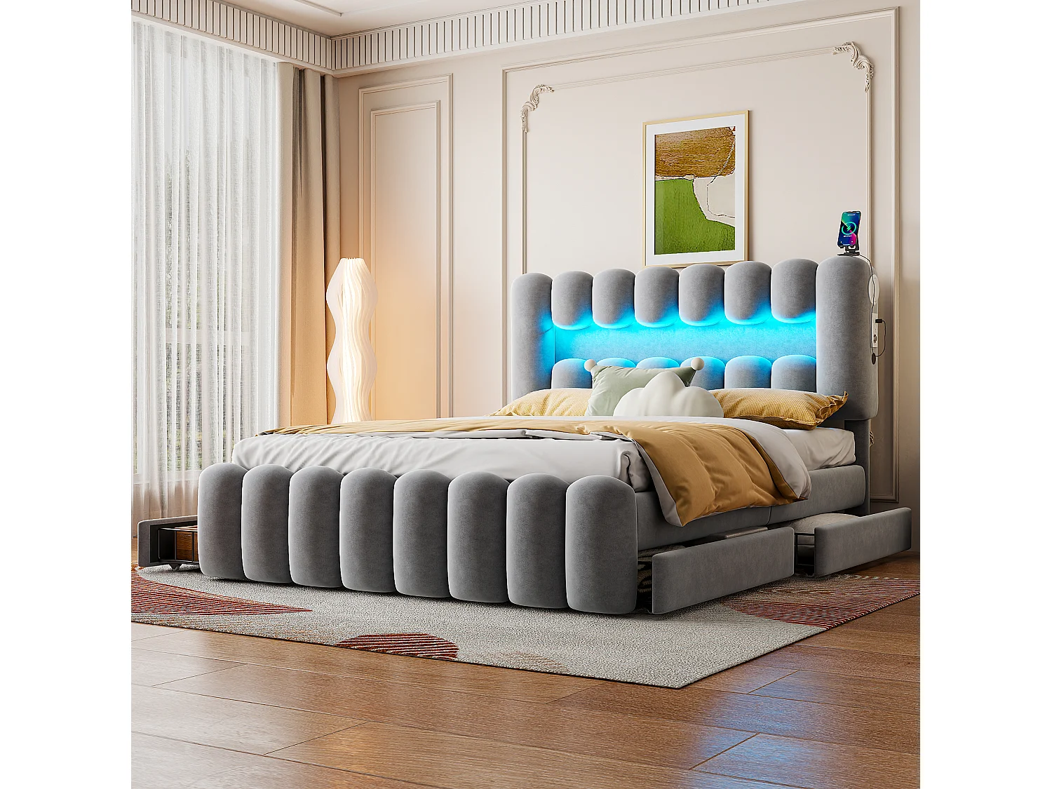 Lit coffre 160x200 cm en velours gris avec LED, USB, stéréo et 4 tiroirs de rangement