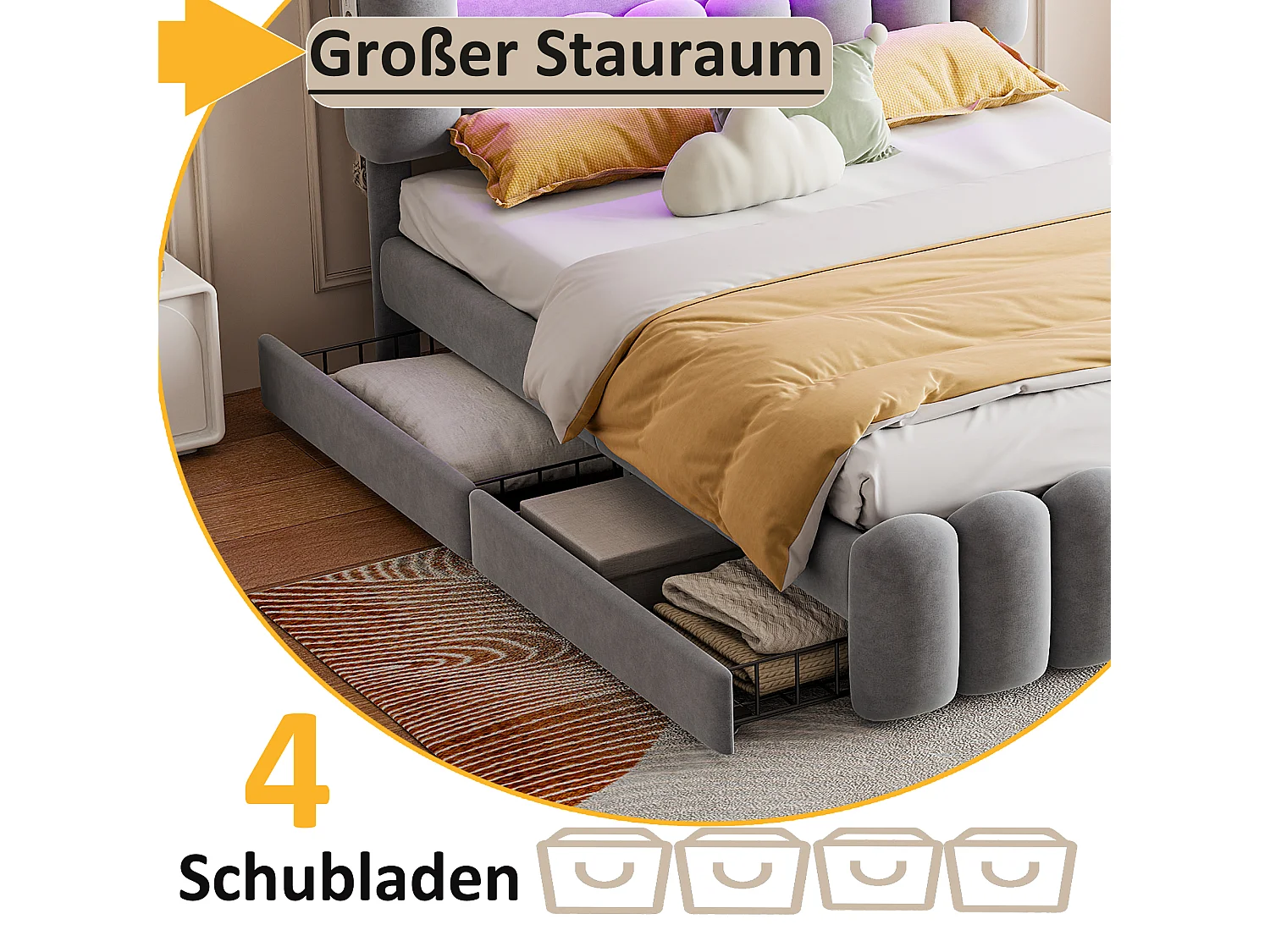 Lit coffre 160x200 cm en velours gris avec LED, USB, stéréo et 4 tiroirs de rangement
