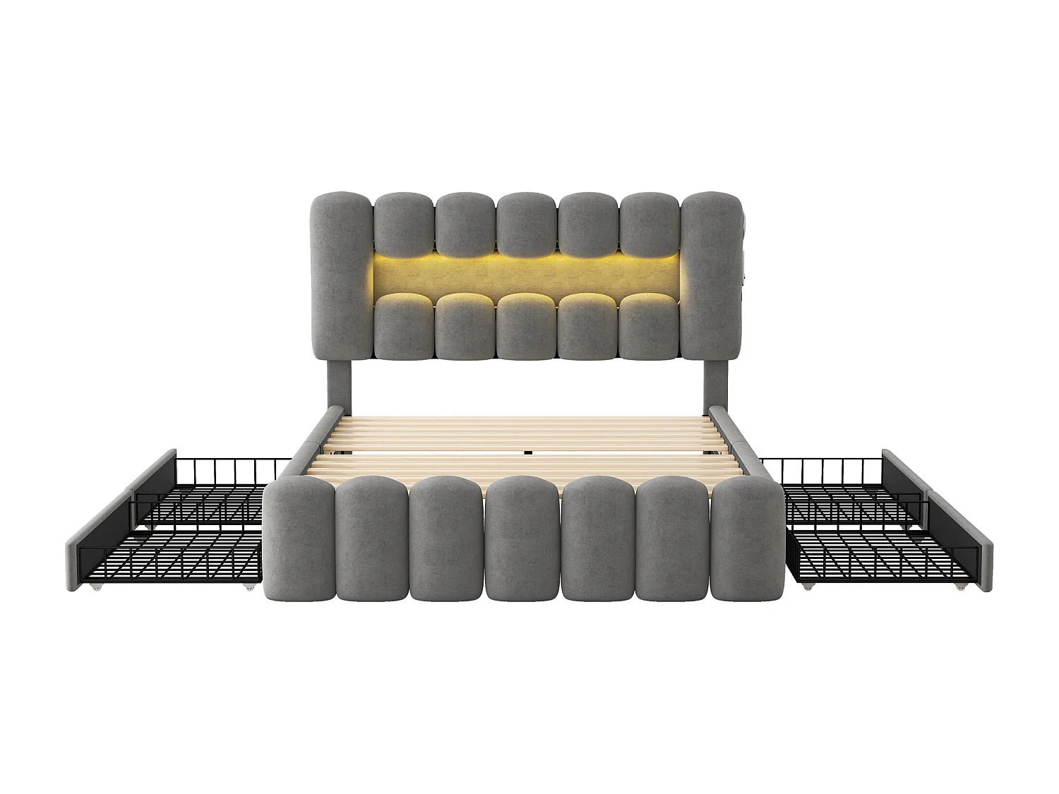 Lit coffre 160x200 cm en velours gris avec LED, USB, stéréo et 4 tiroirs de rangement