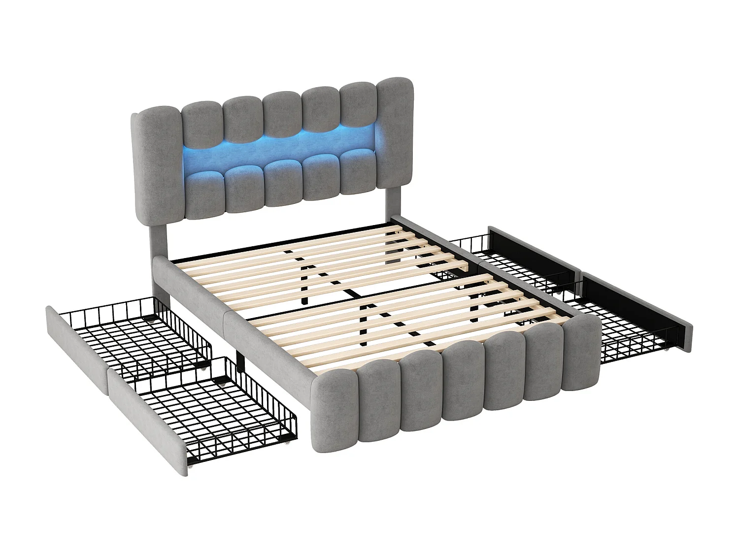 Lit coffre 160x200 cm en velours gris avec LED, USB, stéréo et 4 tiroirs de rangement