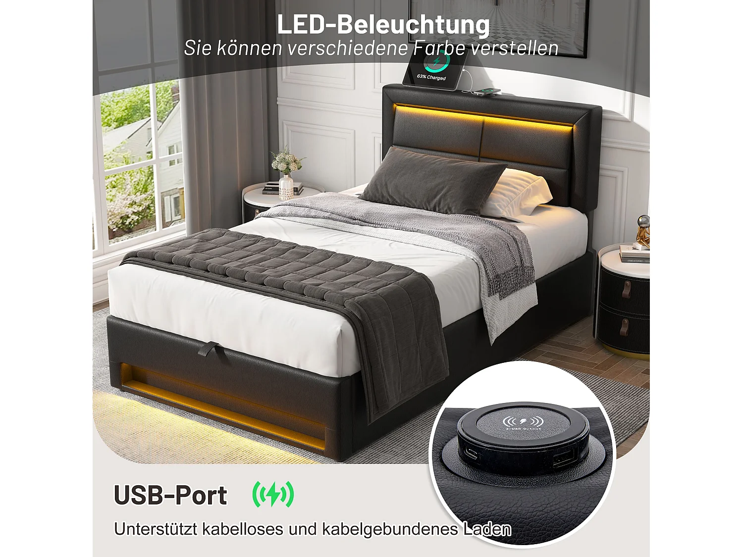 Tavolo luminoso 90x200 PU nero con LED, porte USB e illuminazione integrata dal design moderno