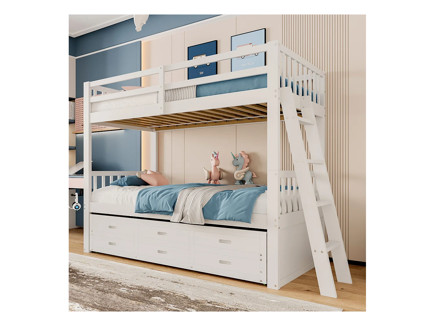 Lit superposé enfant 90x200 bois MDF avec tiroirs et lit gigogne blanc