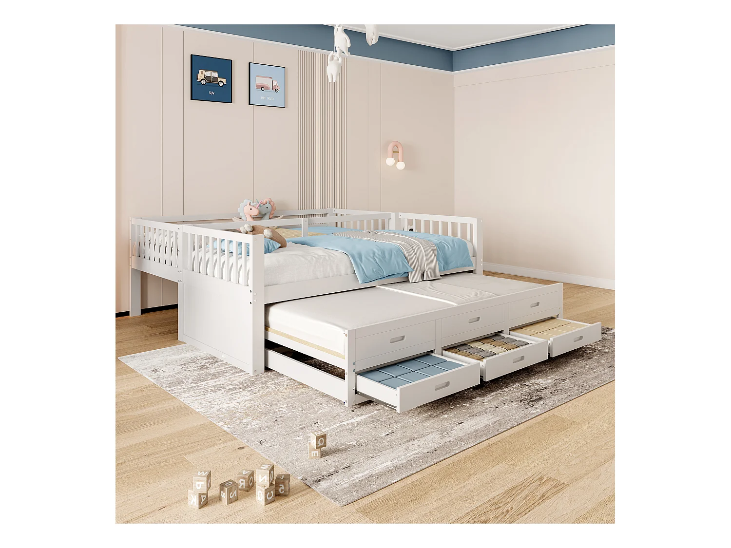 Lit superposé enfant 90x200 bois MDF avec tiroirs et lit gigogne blanc