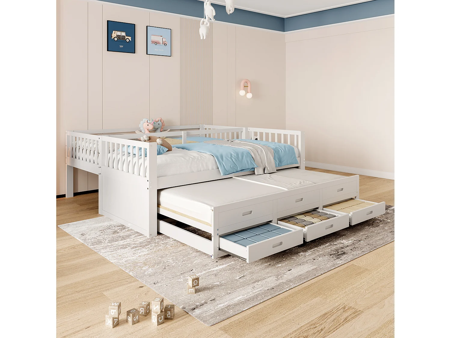 Beliche infantil 90x200 madeira MDF com gavetas e cama de rodízio branca