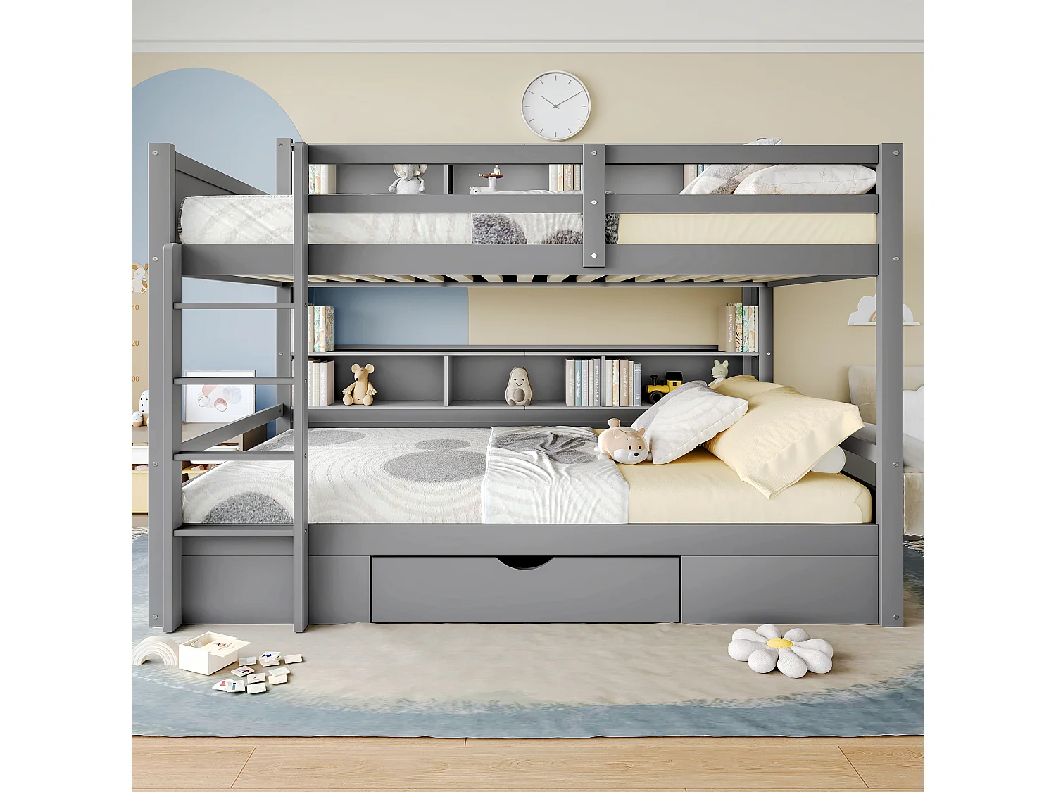 Lit superposé 90x200 cm bois avec tiroirs et étagères, sans matelas, gris