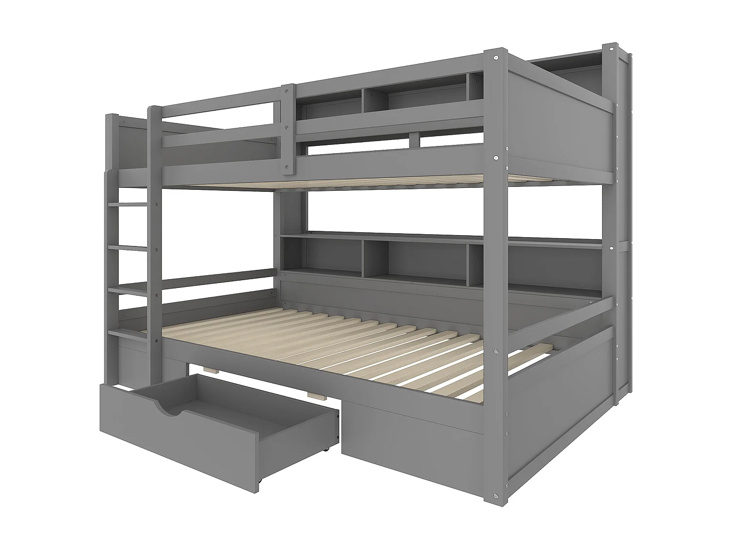 Lit superposé 90x200 cm bois avec tiroirs et étagères, sans matelas, gris