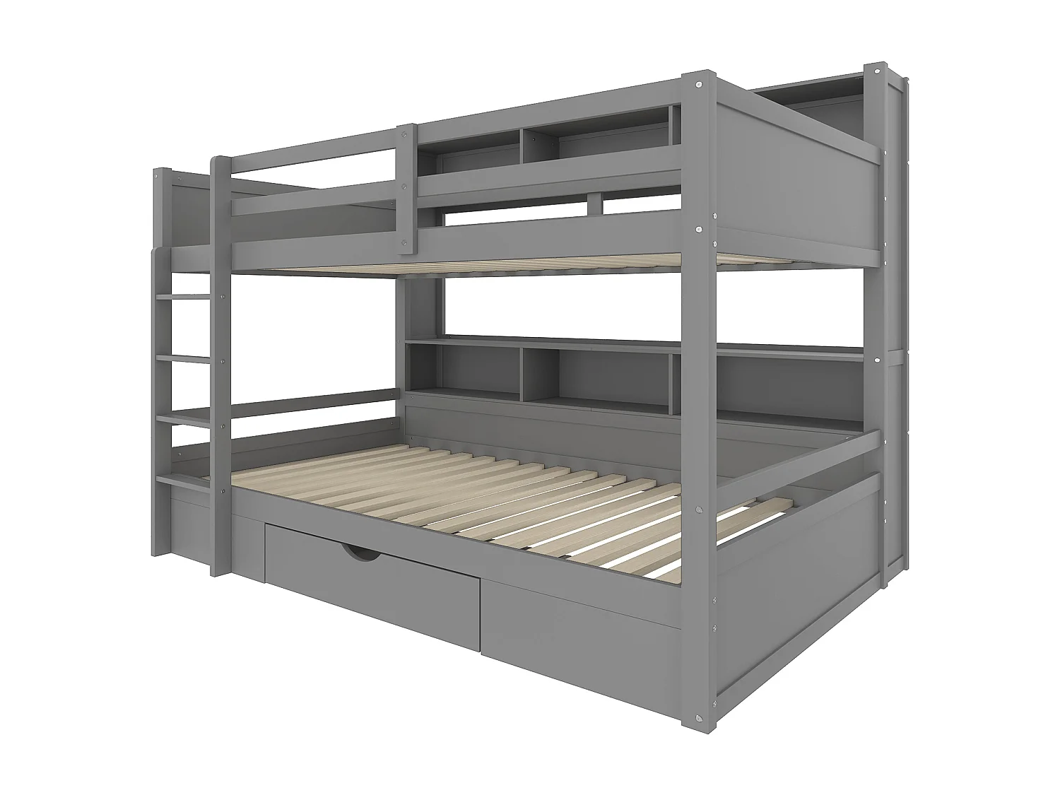 Lit superposé 90x200 cm bois avec tiroirs et étagères, sans matelas, gris