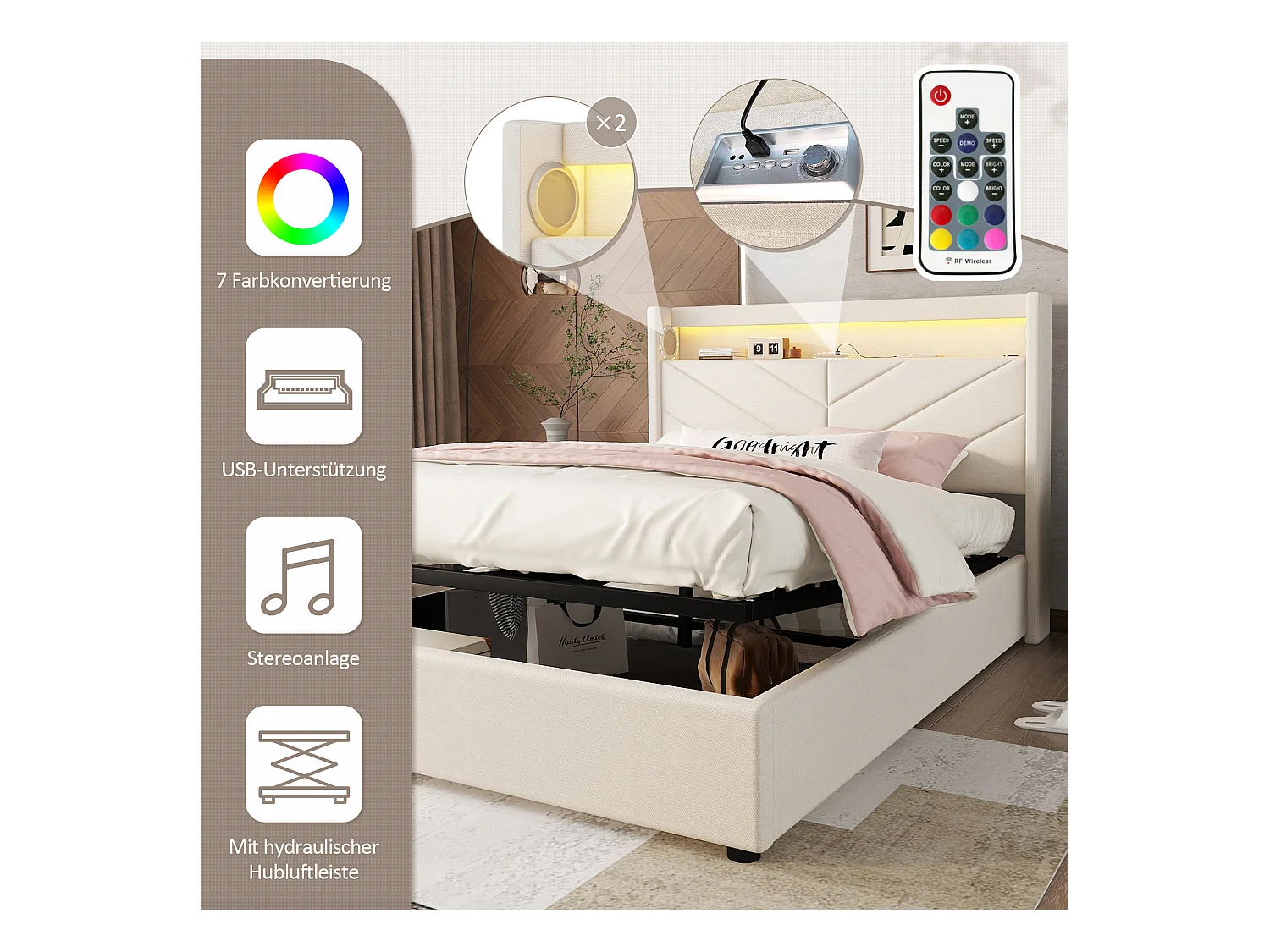 Cama de lino con canapé de 140x190 cm, LED, equipo de música, USB y almacenaje hidráulico, color beige